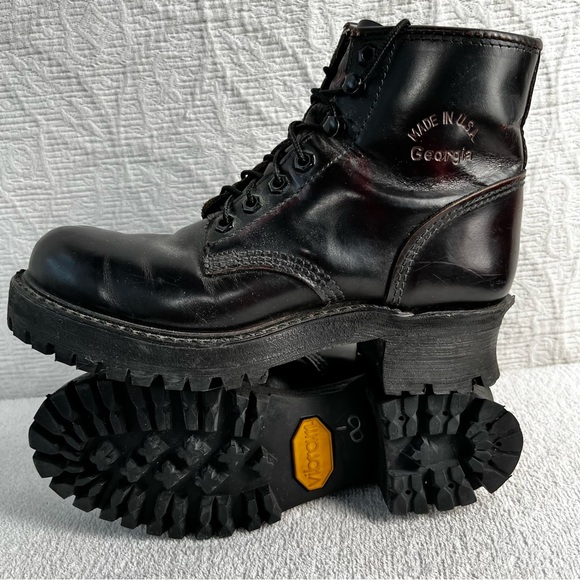 Georgia Boots Mens 7 Womens 8 Black Leather Lace Up Soft Toe Logger Work Sawyer - Picture 13 of 16